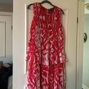 Red and White chiffon pleated top and palazzo pant set. Runs small